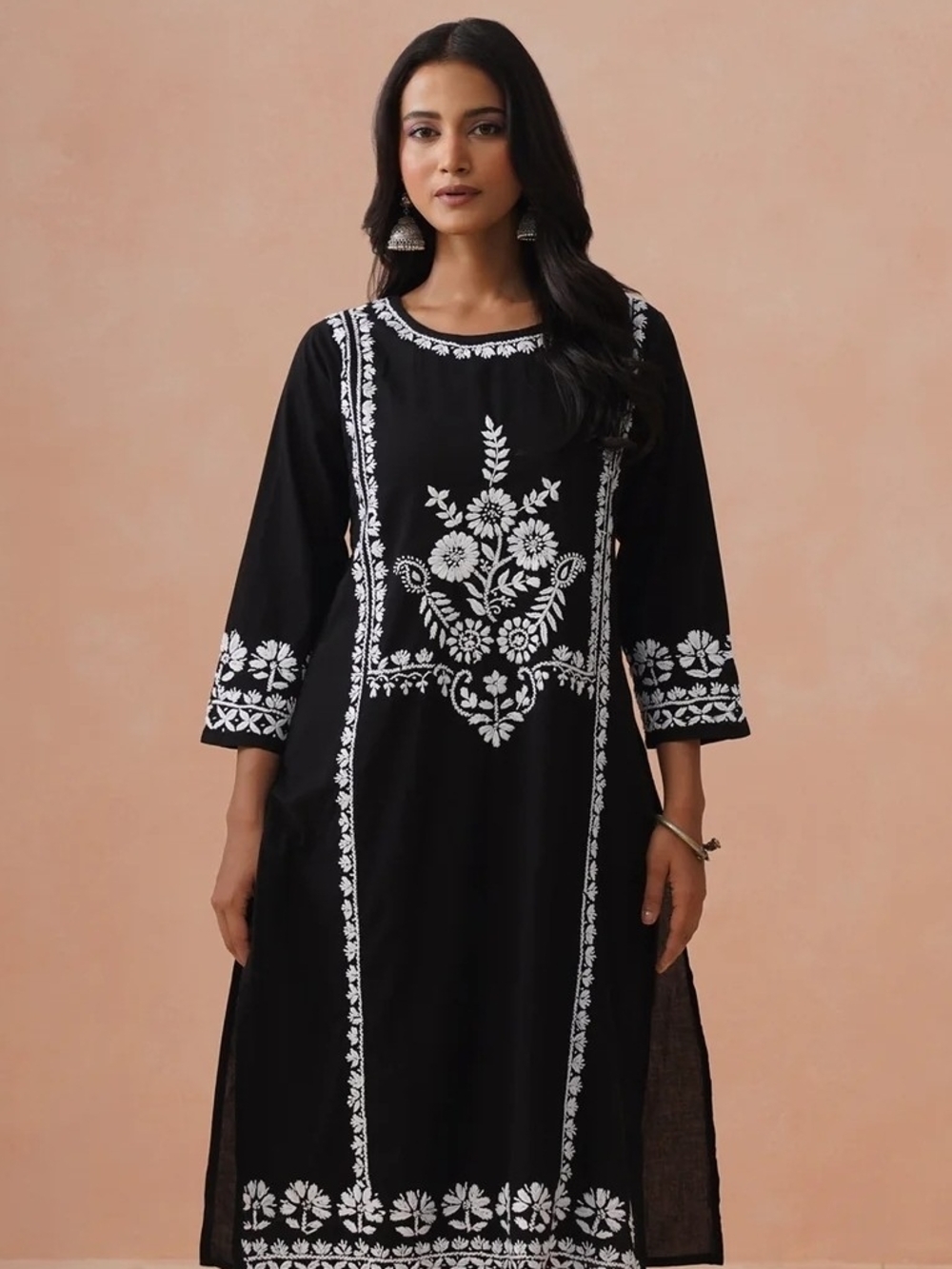 New Black Kurta with White Floral Embroidery L